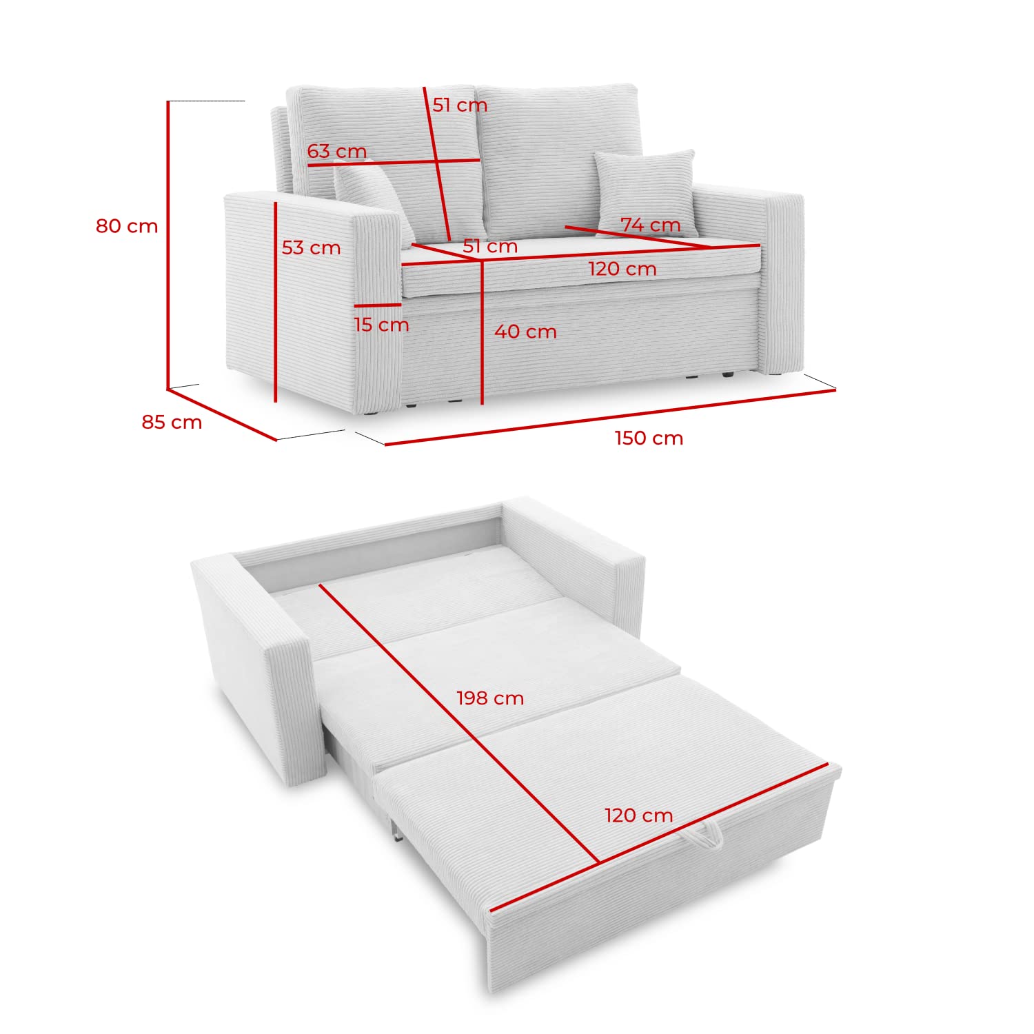 Sofa Aikido I 150x85 - mit schlaffunktion - Farben zur Auswahl - modernen Sofa - mit Bettkasten - Moderner Cordstoff - Stoff POSO (POSO 100)