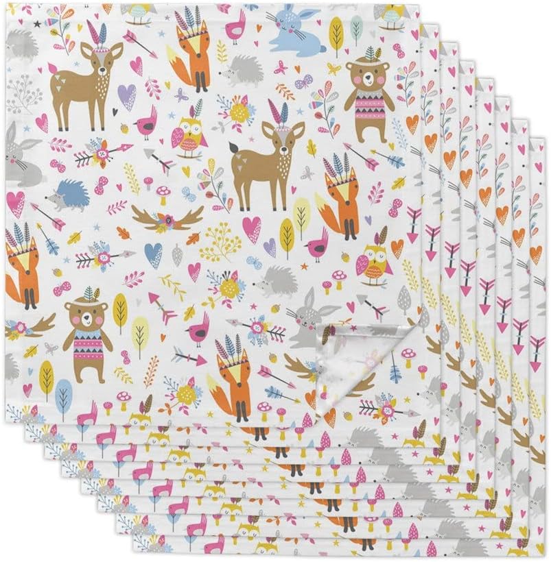 Autumn Forest Cartoon Animals Table Napkins Cloth Set for Party Wedding Decor Soft Kitchen Dinner(6pcs)