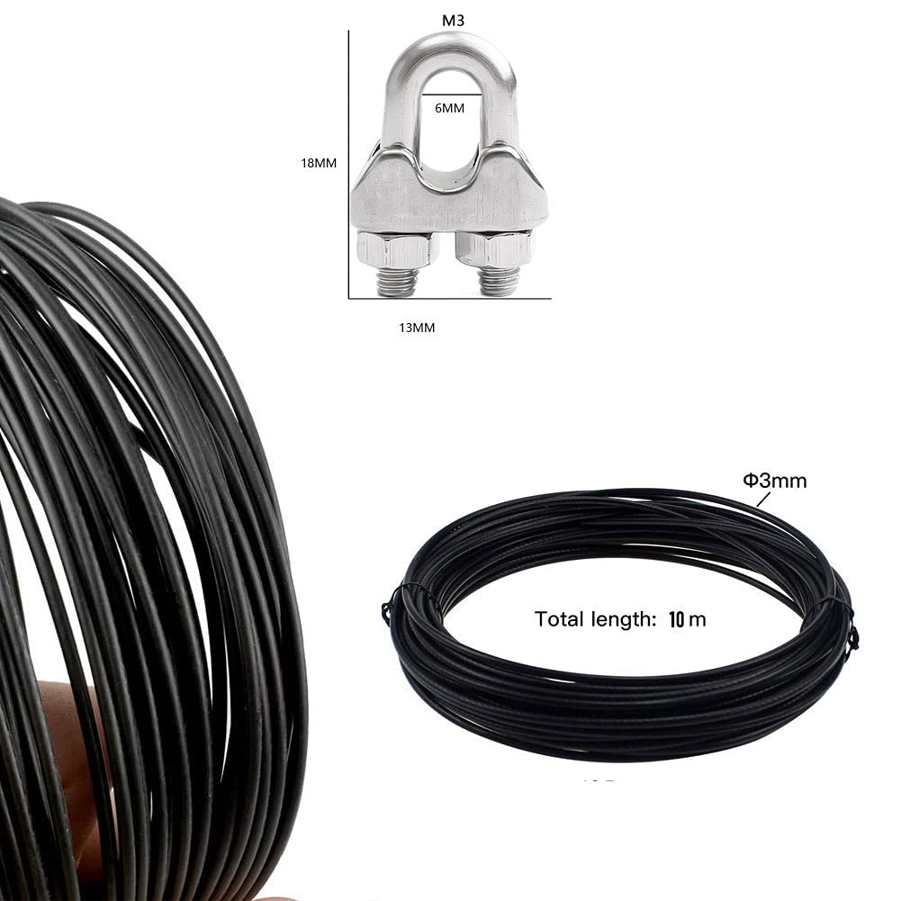 10M Cuerda de Alambre de Acero Inoxidable, Cuerda de Acero de 3 mm con 4 Piezas, Abrazadera de Cable de Alambre M3, Tendedero de Cable de Acero Revestido de Plástico para Colgar Ropa (Negro)