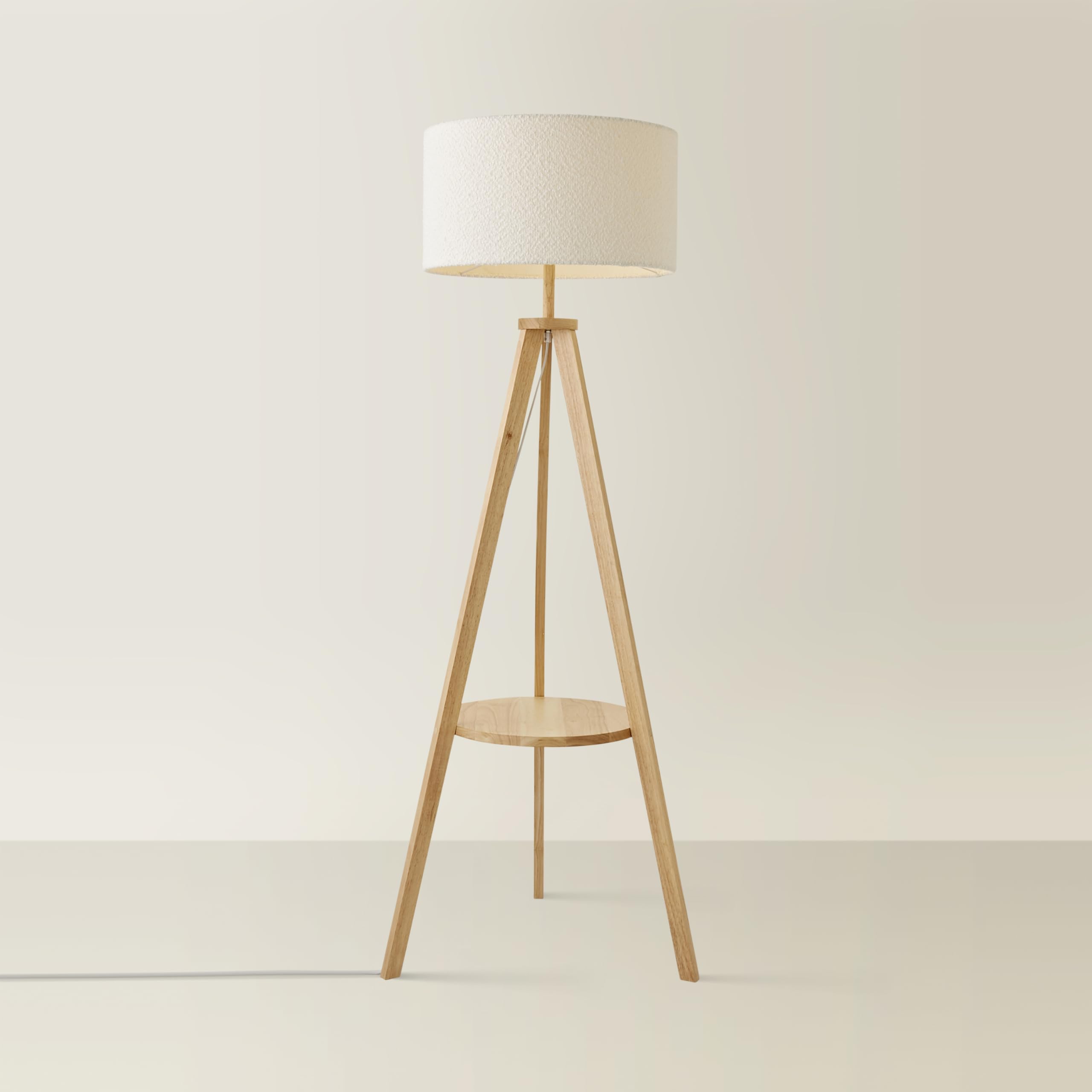 Valuelights Morrigan Natural Wood Shelf Tripod Floor Lamp With Boucle Shade from B&Q