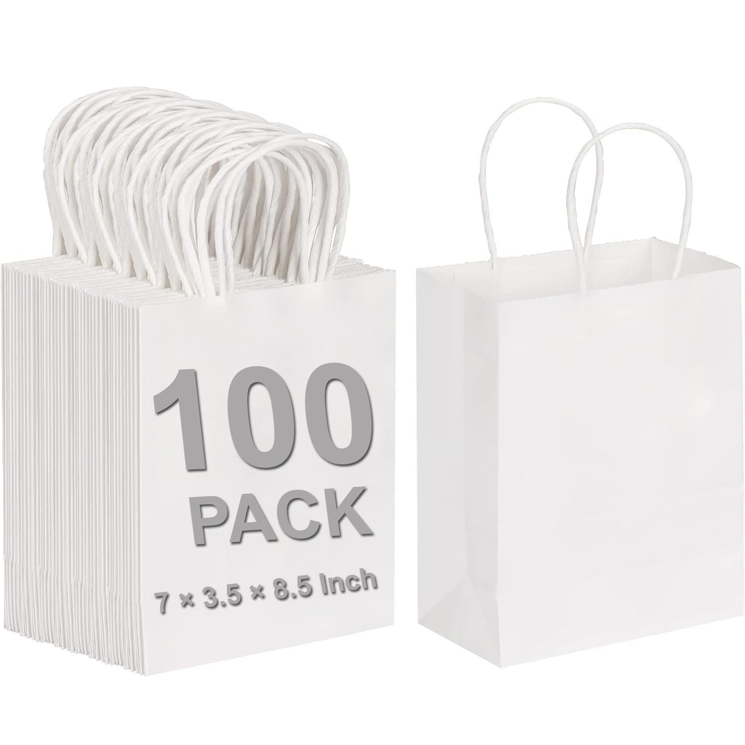 Aakriti Small Gift Bags with Handles 7 × 3.5 × 8.5 Inches Kraft Paper Bags Bulk for Party Favor, Retail, Merchandise, Wedding, Gifts, Recyclable White Paper Sacks (WHITE-100PCS)-image-6