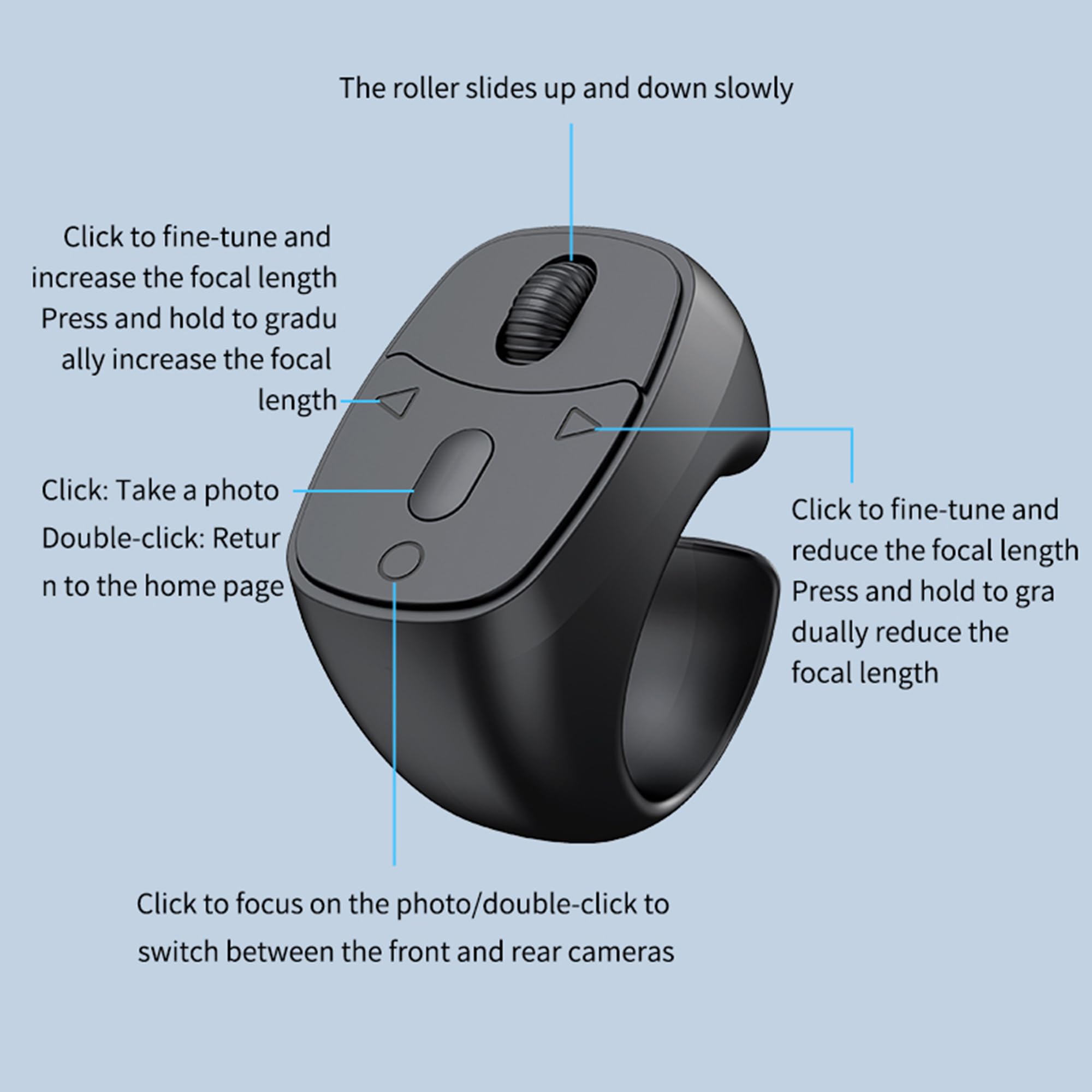 Anillo de desplazamiento remoto para video, control remoto de cámara Bluetooth, anillo inalámbrico para iPhone, Android, manos libres, grabación de video y control remoto de música