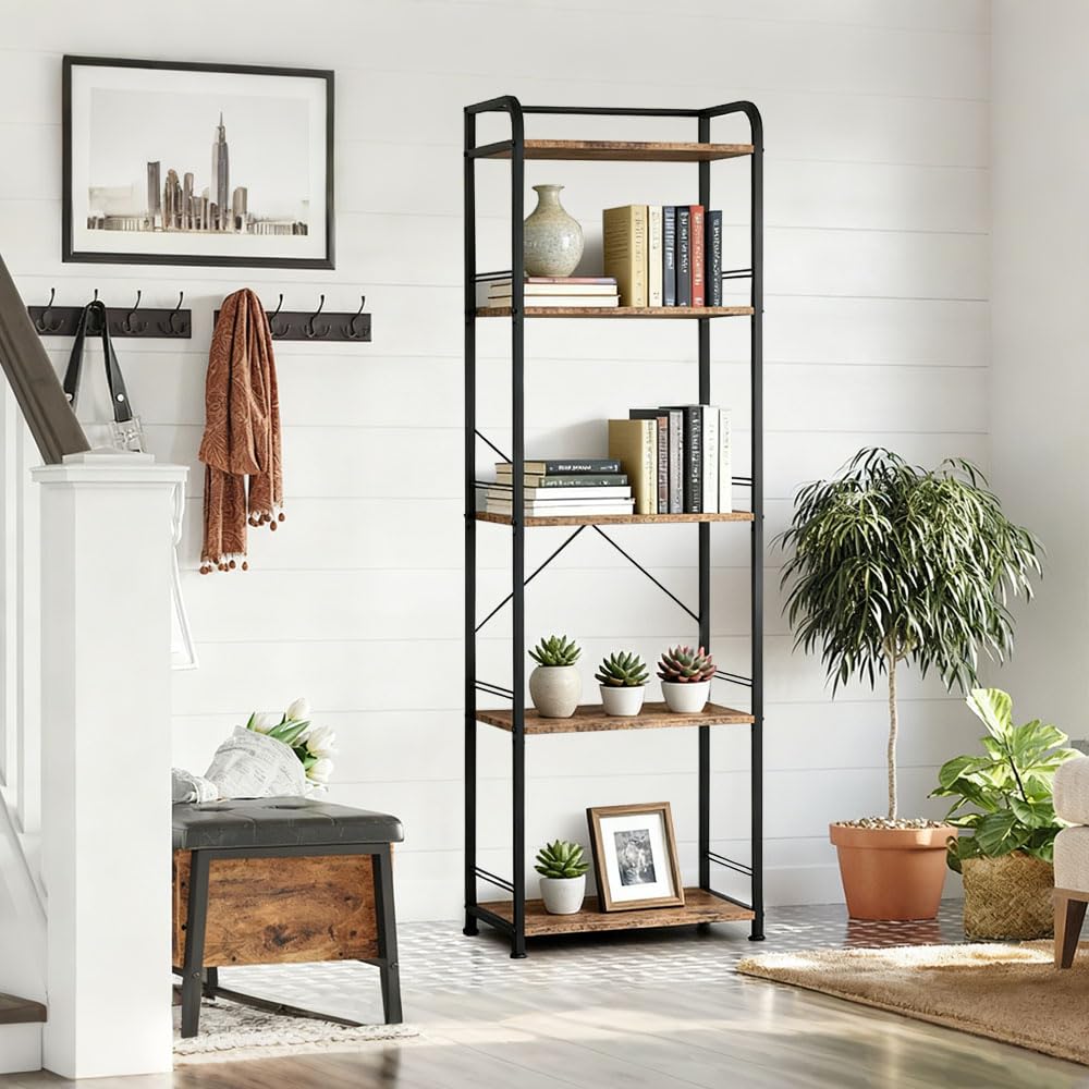 Estantería Industrial de 5 Niveles con Estantes de Madera | Marco Metálico Negro, 151 × 43 × 28 cm, Capacidad de 110 lb, Ideal para Salón, Oficina o Dormitorio