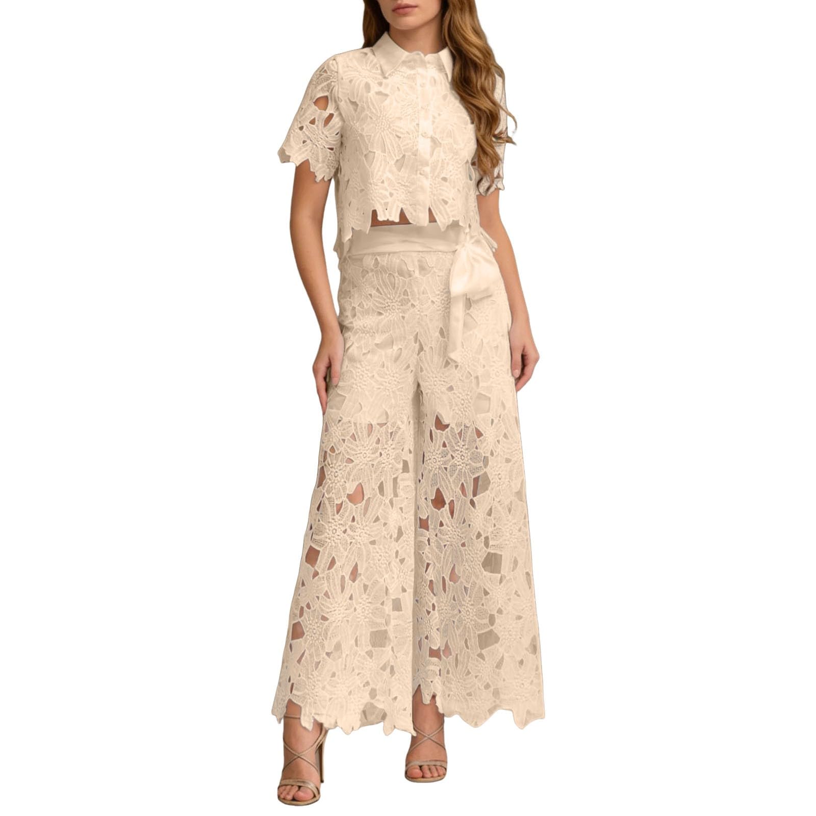 Zweiteiler Damen Spitze Hosenanzug Ausgehöhltes Bluse Oberteile High Waist Hose Elegant Loungewear Einfarbig Outfit Set Party Freizeitanzug Outdoor Streetwear Reiseanzug