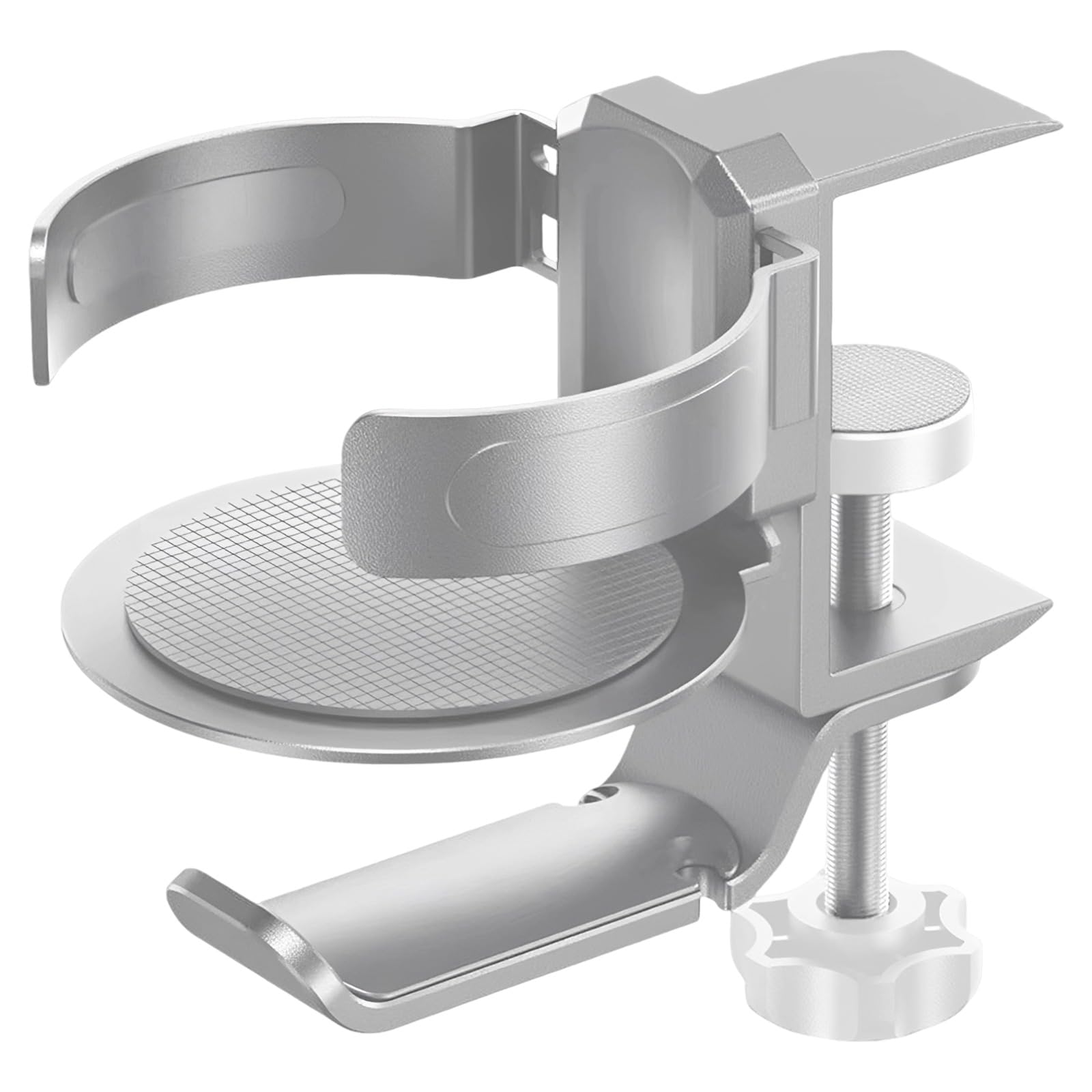 2-in-1 Tischkanten Becherhalter mit Kopfhörerständer, Silber, ABS und Aluminiumlegierung, drehbare Klemmung, Rutschfester Sockel, 11,5 cm Breite, ohne Bohren, für Stanley Cups und viele Tische