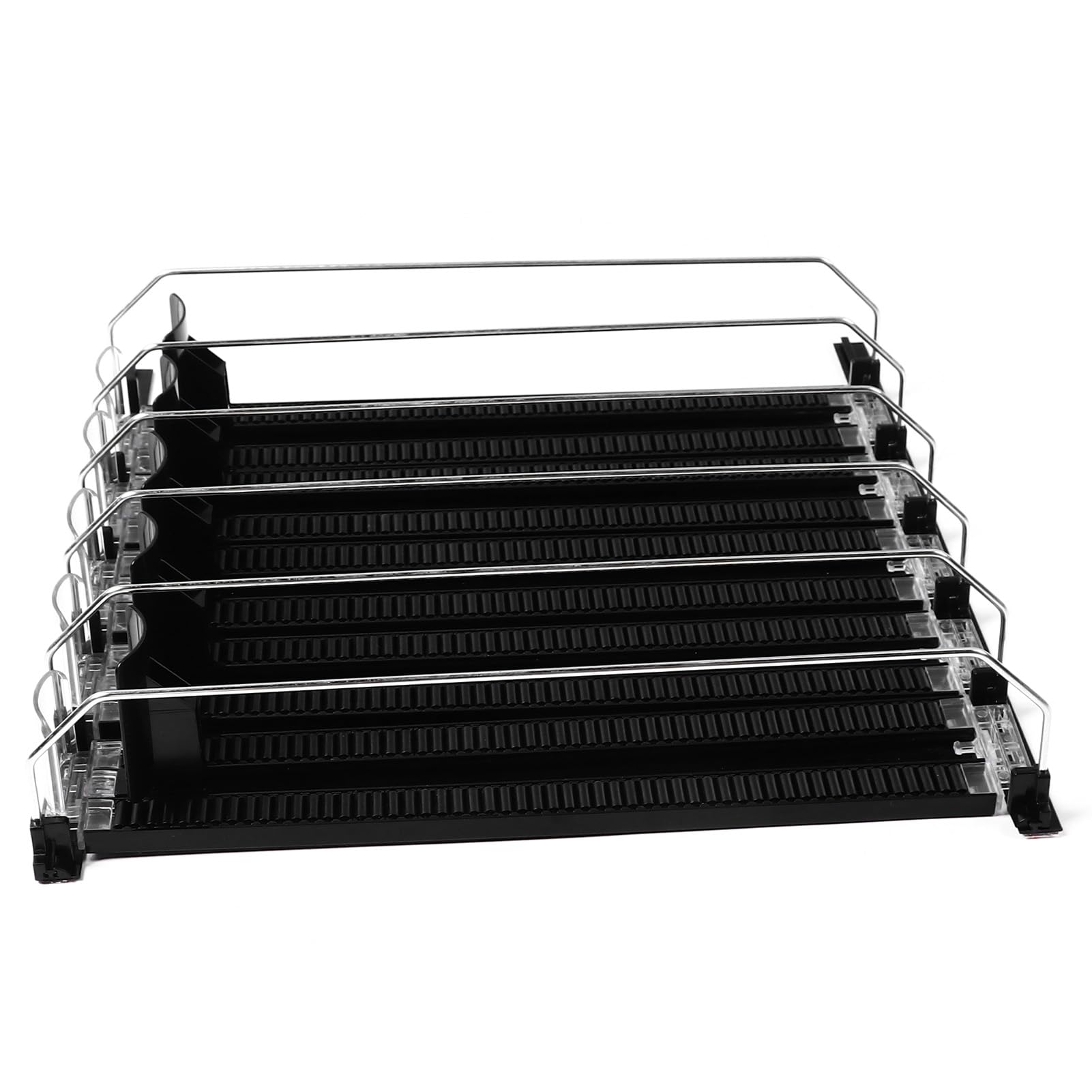 Dispensador de bebidas de refrigerador autocontrol, ajuste de ancho, refrescos a prueba de lluvia puede organizador de refrigerador, contiene latas y botellas, negro (5PCS)