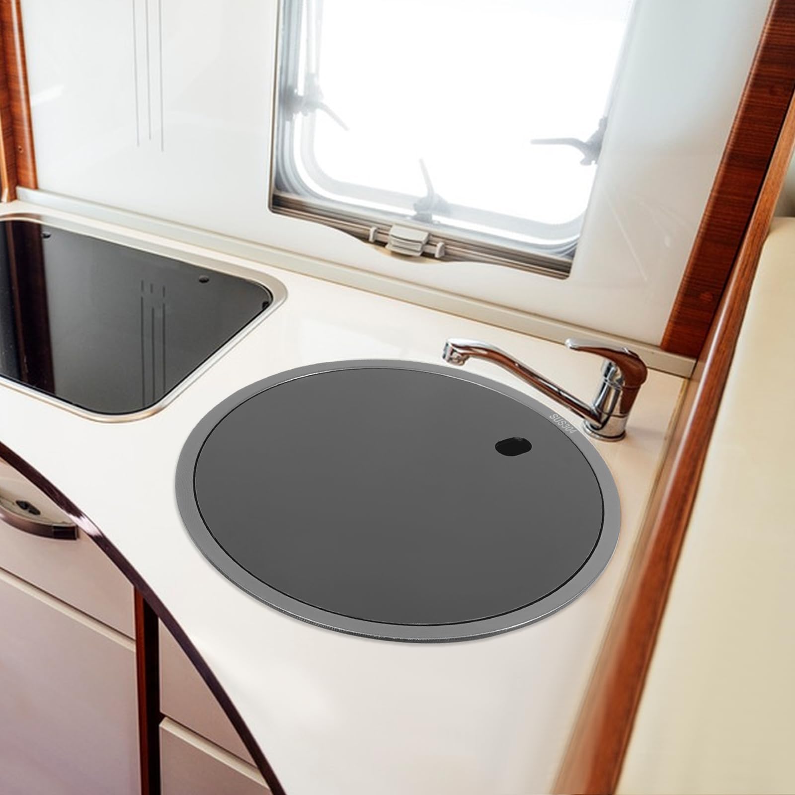 Évier rond en acier inoxydable 304 - Noir - Avec couvercle - Avec tuyau d'évacuation - 36 x 19 cm - Pour appartements, restaurants