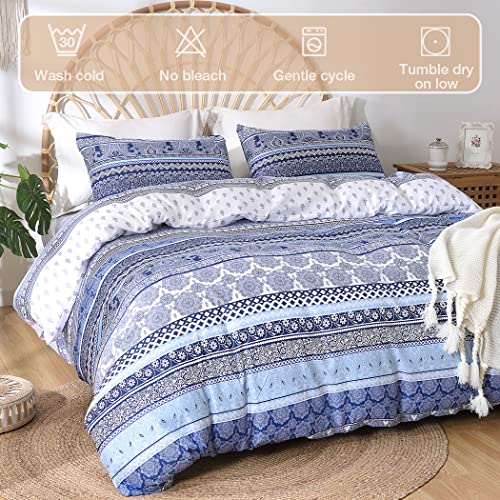 Image of Lekesky Boho Queen Size Duvet Cover Set, Boho Blue Retro Comforter Cover Queen Size Floral Striped Printed, Luxury Soft Microfiber Bedding Set with Zipper Ties