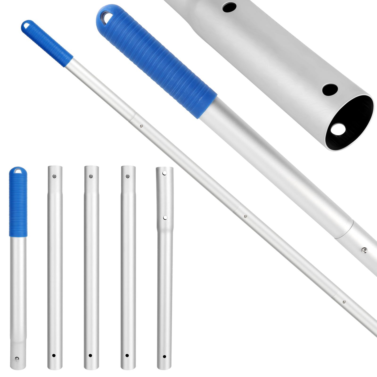 Palo Mango Telescópico Aluminio (0.3m a 1.7m), 5 Piezas Palos Ajustable con Clip EZ, Poste Telescópico Aluminio, Poste para Limpieza de Piscinas, Palo Extensible (Plata)