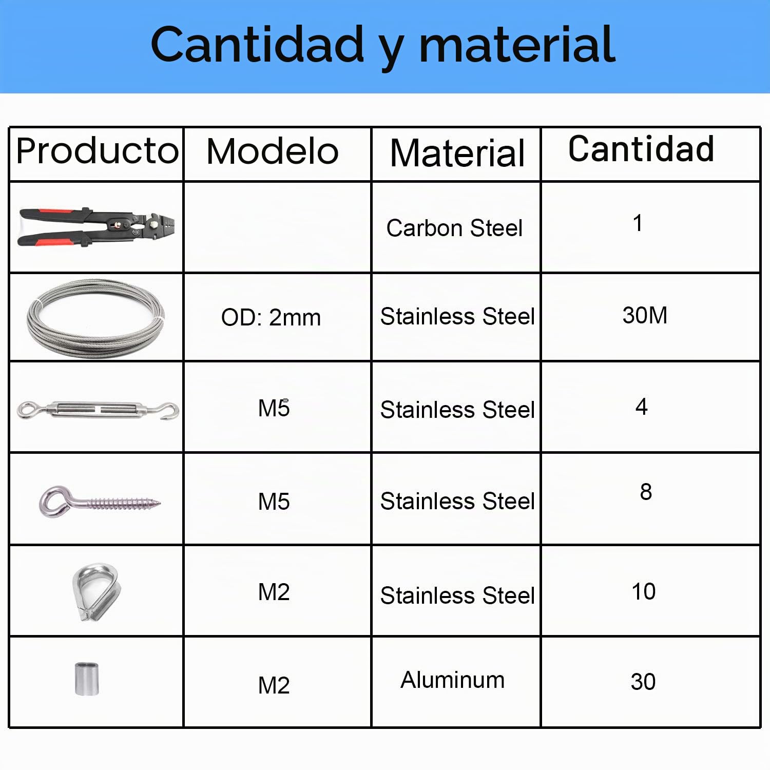 30m de alambre de acero inoxidable +una herramienta de prensado de cuerda de alambre + +4 tensores de alambre +8 ganchos de tornillo de ojo