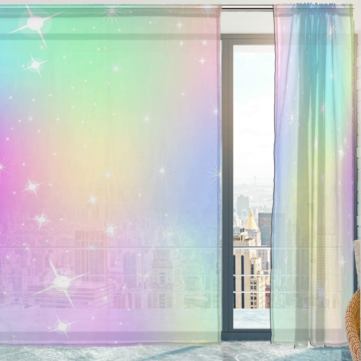 Mnsruu Transparente Gardine, Unicorn Mit Regenbogen Mesh Weiche Tüll Voile Vorhänge für Wohnzimmer Schlafzimmer 140 x 198 cm, 2er Set