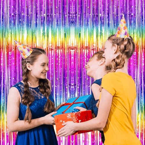 Image of Neon Rainbow Streamers Thicken 4 Pack 13.2x8.2 FT, Tinsel Backdrop Curtains for Birthday Decrorations, Foil Fringe Photo Backdrop for 80s 90s Disco Party Decorations