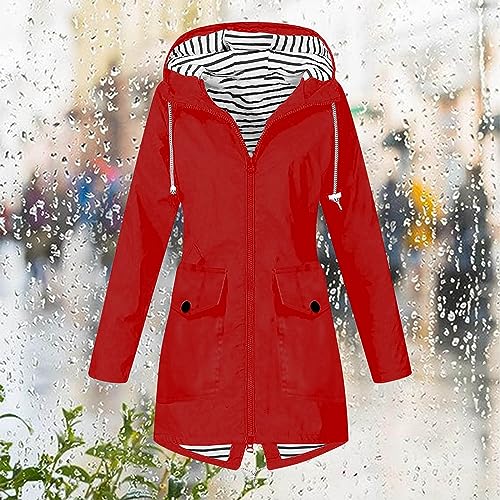 DDAPJ pyju Rain Jacket Women Waterproof Trench Coats Striped Lining Hooded Raincoat Outdoor Windbreaker Jackets with Pockets2