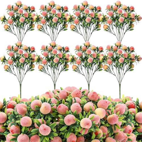 Daifunli 10 Pcs Fake Peach Branches 12.6 Inch Realistic Artificial Peach Fruits Bouquet with Leaves Fruit Decorations for Vase Home Decorations Baby Shower Party