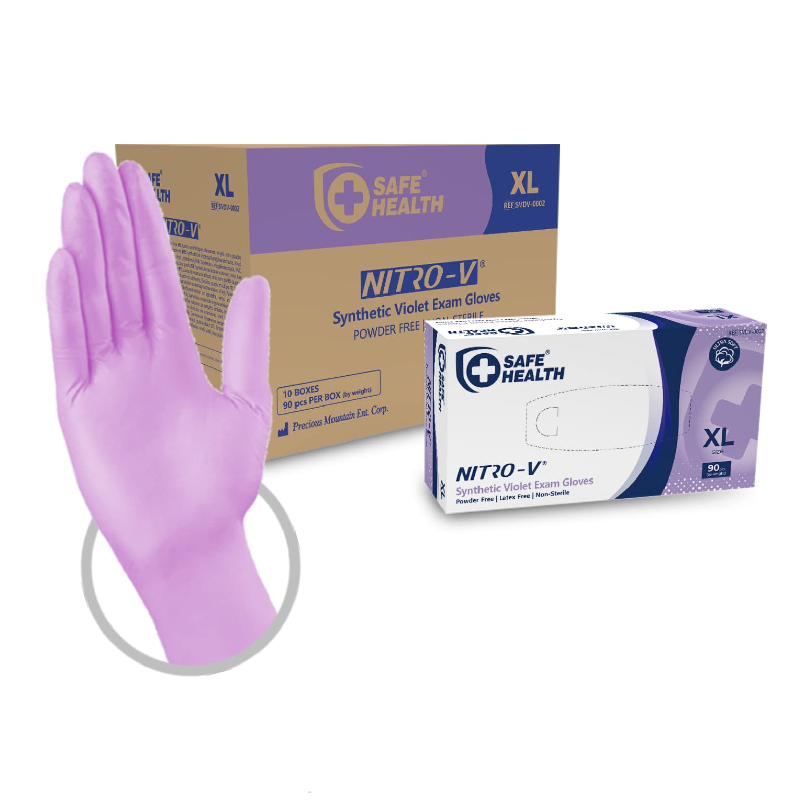 Safe Health Guantes Desechables de examen Nitro-V sintéticos híbridos de Vinilo y Nitrilo Violeta Morado Talla XL, 900 unidades, Tareas del hogar Limpieza