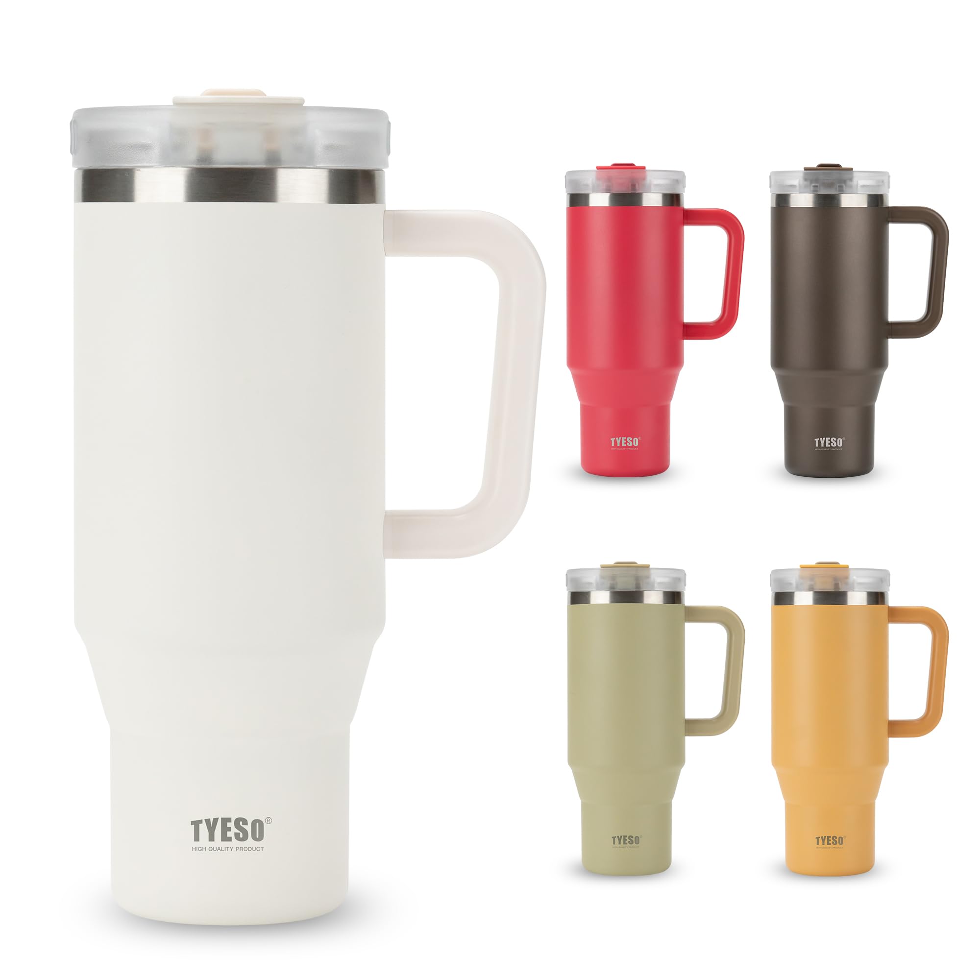 TYESO Vacuum Insulated Tumbler Water Bottle Cold Insulation Stainless Steel Bottle Straw Handle Mug Double Wall Wide Mouth (White, 40 oz)