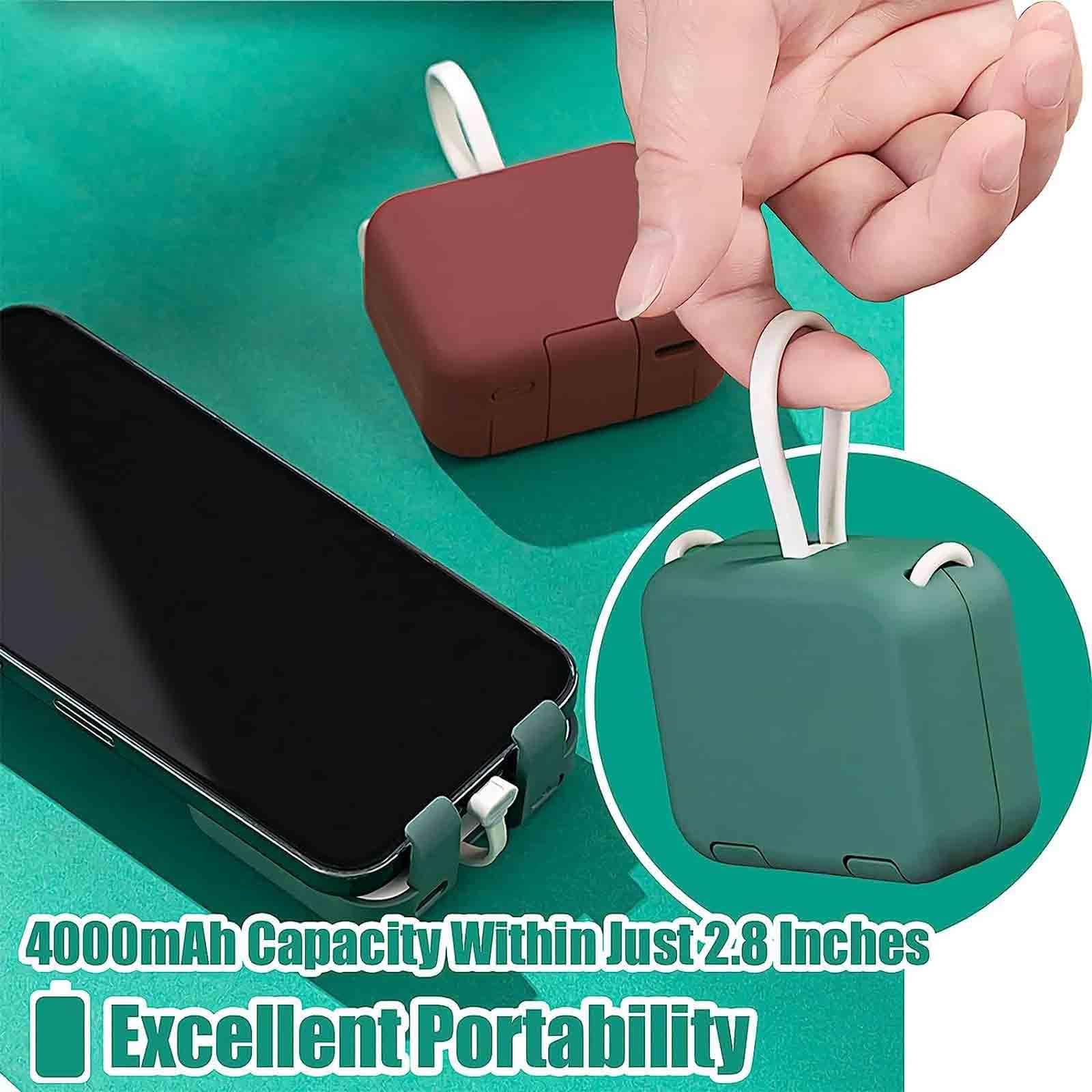 Mini Banco De Energía Y Soporte para Teléfono, Mini Banco De Energía De 4000 Mah con Cable Doble Integrado, Bonito Banco De Energía con Cable Integrado,Verde