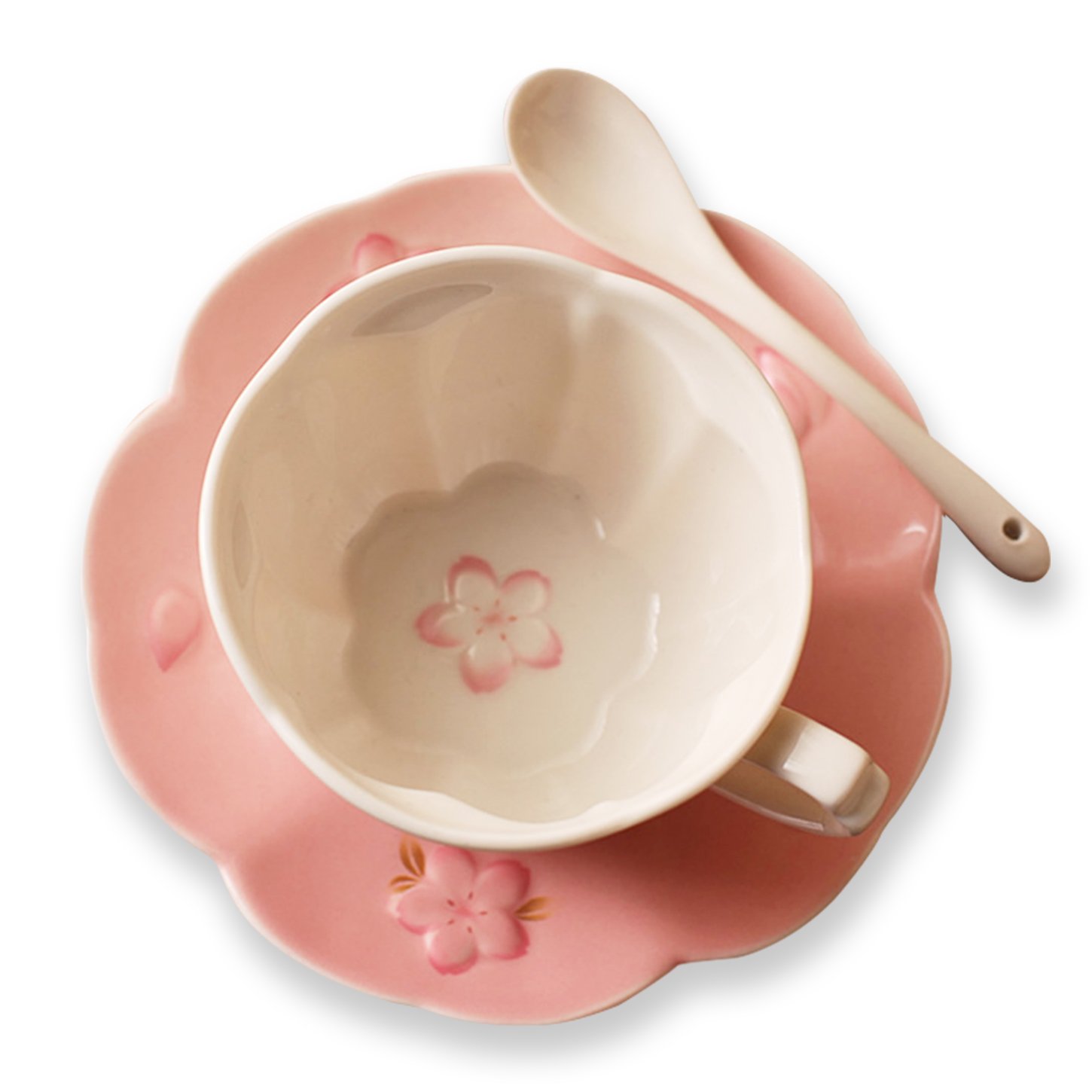 Cherry Blossoms Bone China Afternoon Tea Coffee Cup Pink Saucer and White Spoon for Home Office 10oz