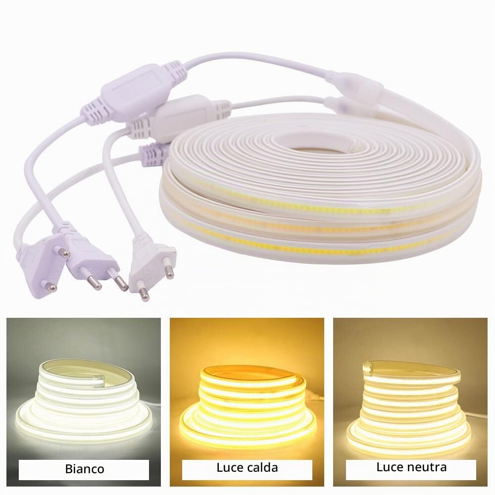 XUNATA Striscia LED COB Flessibile 220V, (Bianco Naturale, 15m), IP65 Impermeabile, Nastri LED ad Alta Luminosità da 288 LED/m con Cavo di Alimentazione