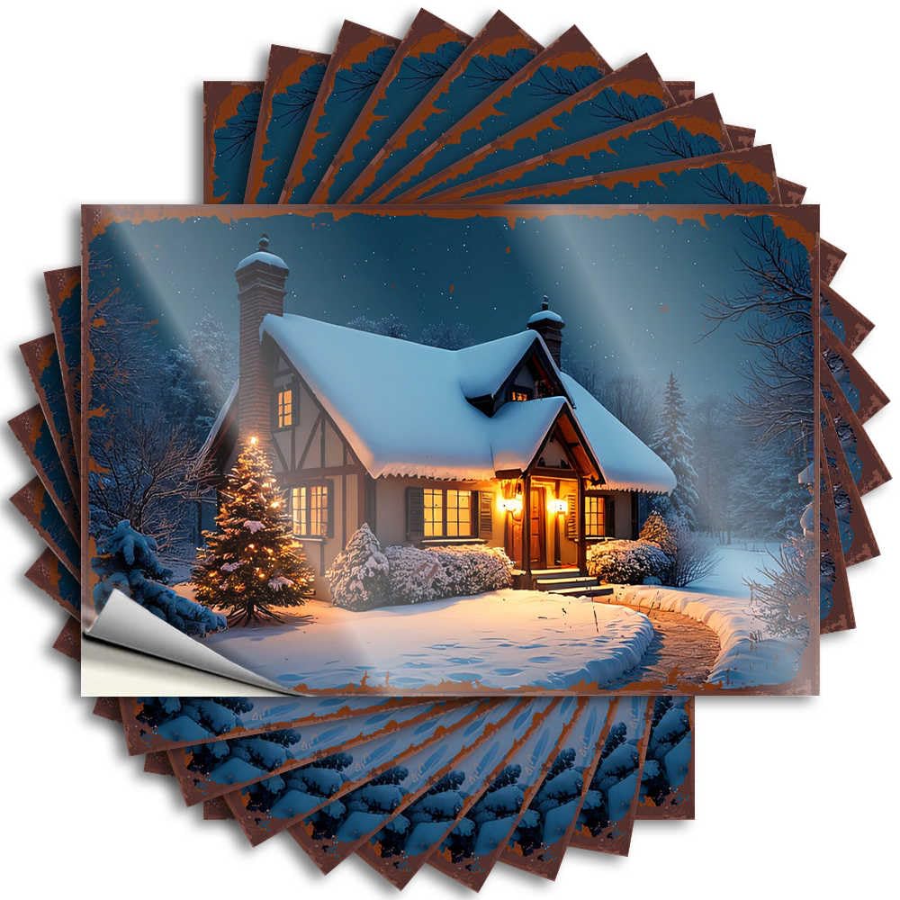 Sticker Crazy Tiki Waterproof - A Cozy Winter Cottage Illuminated By Warm Lights Hard Self Adhesive Decal for Hunting Use(12X18CM)