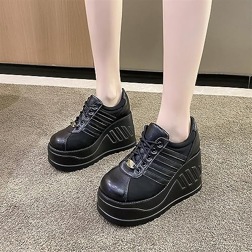 TOSOFT Black White Sneakers for Women Fashion Round Toe Lace-Up Platform Slope Heels Wedge Sports Walking Shoes (Color : Black, Size : 37)4