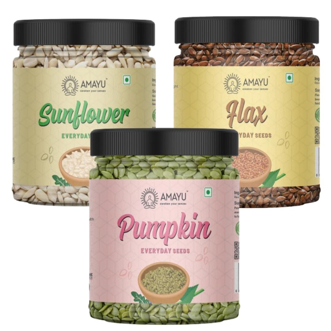 AMAYU Healthy Raw Seeds Combo Pack | Pumpkin Seeds, Flax Seeds, Sunflower Seeds (200 gm x 3) Immunity Booster | Healthy Snacks | Diet Food | Seeds for Eating (Pack of 3)