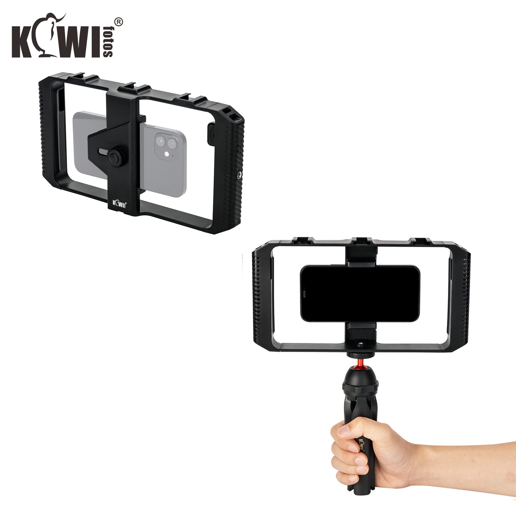 KIWIFOTOS Support Vidéo pour Smartphone avec Support Stabilisateur pour Videomaker Vlog Compatible avec iPhone 13 12 11 XS X XR 8+ 8 7+ 7 6S + 6S Galaxy Mate MI Google Pixel etc. avec 55-90mm de Large