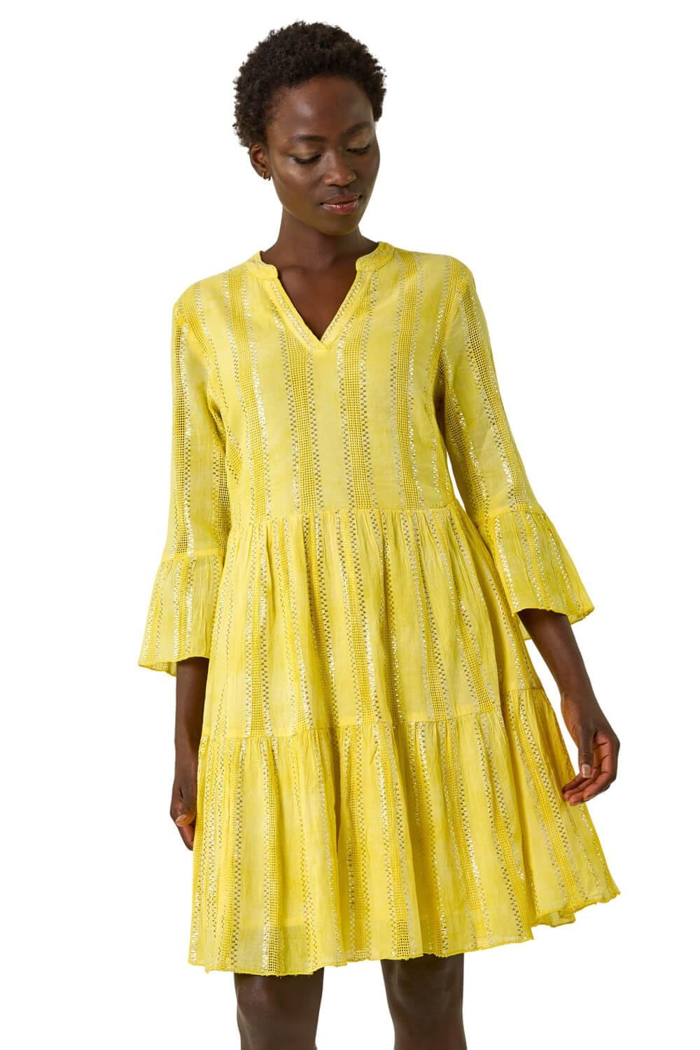 Roman Women's Yellow Tie Dye Shimmer Smock Dress Size 16