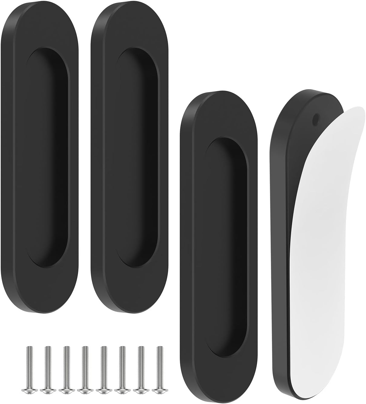 8 Pack Self-Stick Door Handles, 4 Inch Aluminum Alloy Self Adhesive Flat Finger Pulls, No Drill Cabinet Knobs for Drawer, Sliding Glass/Barn/Closet/Balcony Doors (8, Black)