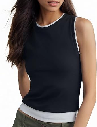 Womens Color Block Tank Top, Fake Two Piece Sexy Slim Sleeveless Crew Neck Layering Vest, Casual Summer Basic Top