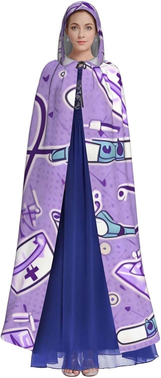 Nurse Pattern Purple print Halloween Hooded Robe Cloak for Adult Men Women Wizard Vampire Knight Fancy Cape Costume