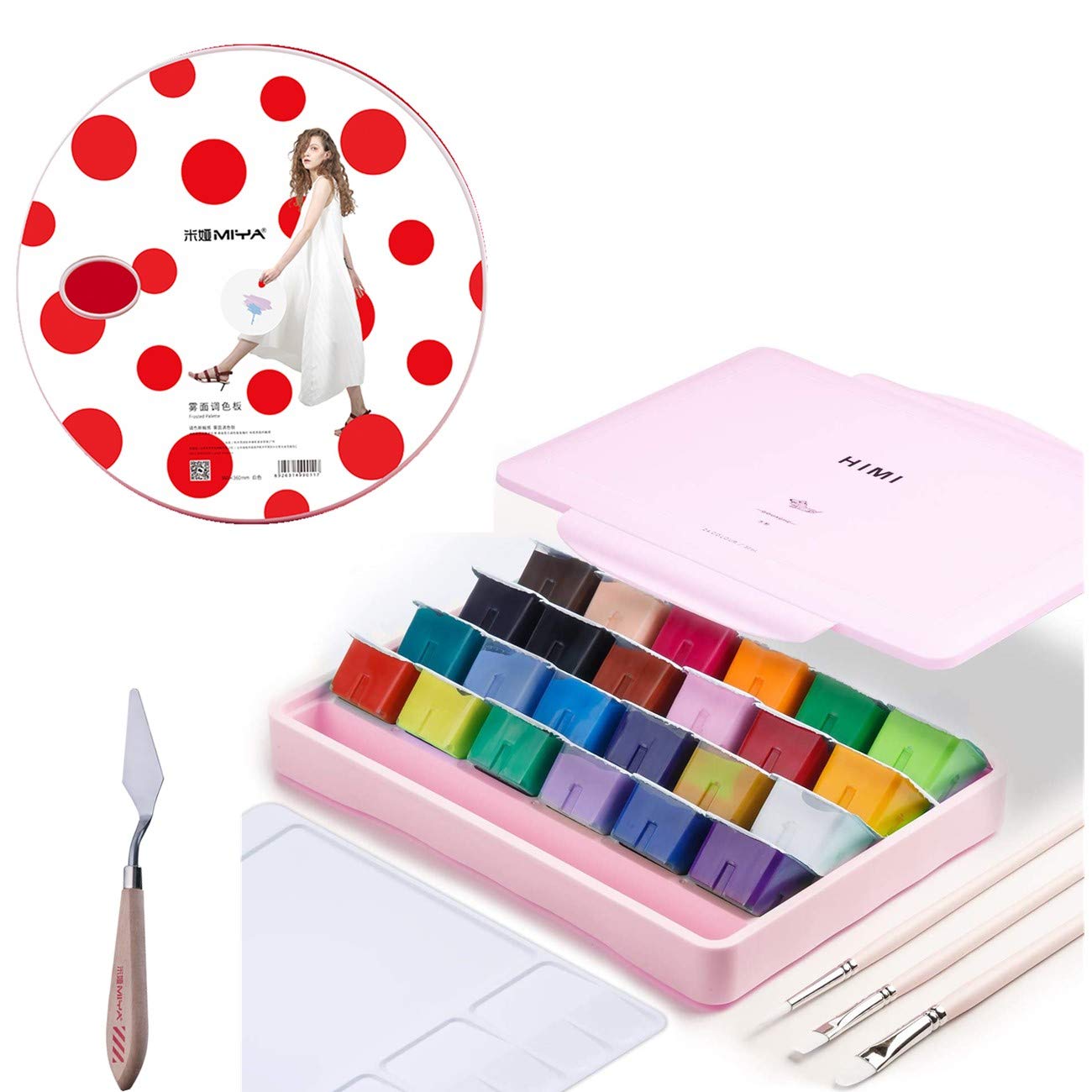 AOOKHIMI Gouache Paint Set Jelly Cup 24 Vibrant Colors Non Toxic Paints with Portable Case Palette for Artist Canvas Painting Watercolor Papers, Rich Pigment, (29P 24PINK+++)