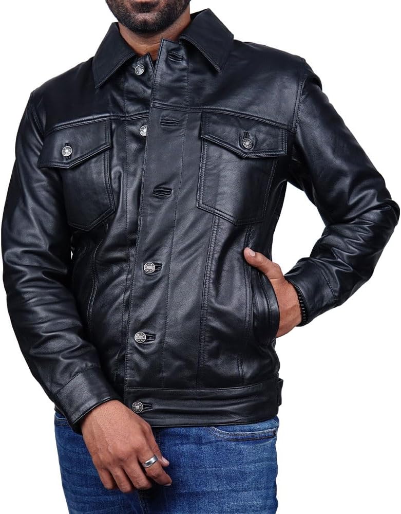 Vintage Style Trucker Leather Jacket Men Real Lambskin Vintage Trucker Shirt Collar Mens Leather Jackets