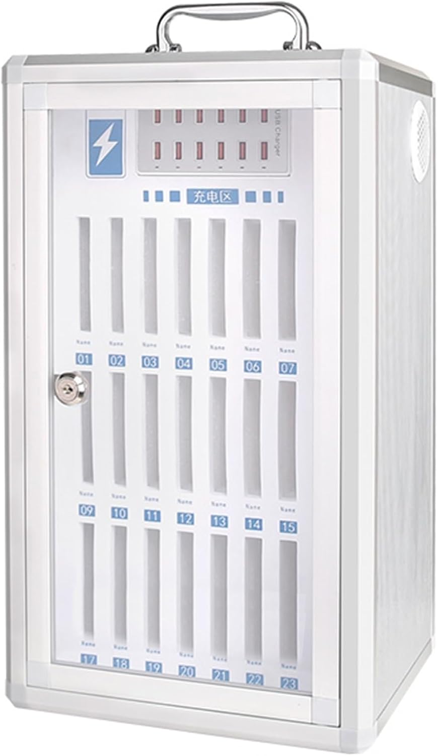 Mobile Phone Storage Box Transparent Acrylic Mobile Phone Security Locker with Key,Silver Aluminum Alloy Cell Phone Storage Locker Box with Portable Handle, Key Lock & Handwritten Tags, Wall