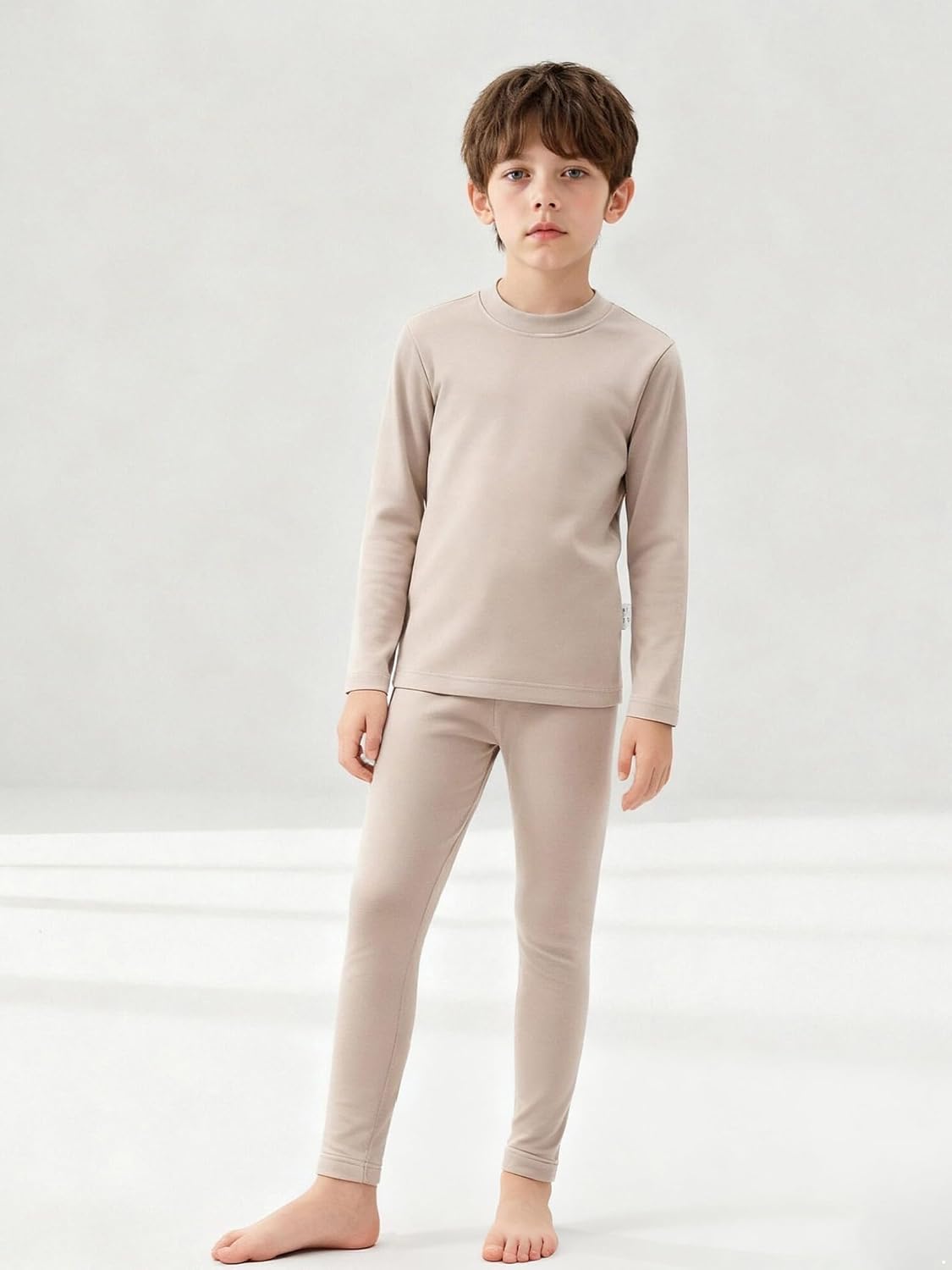 Hansber Kids Solid Color Thermal Set Fleece Lined Long Sleeve Top with Elastic Waist Casual Leggings Khaki 11-12 Years