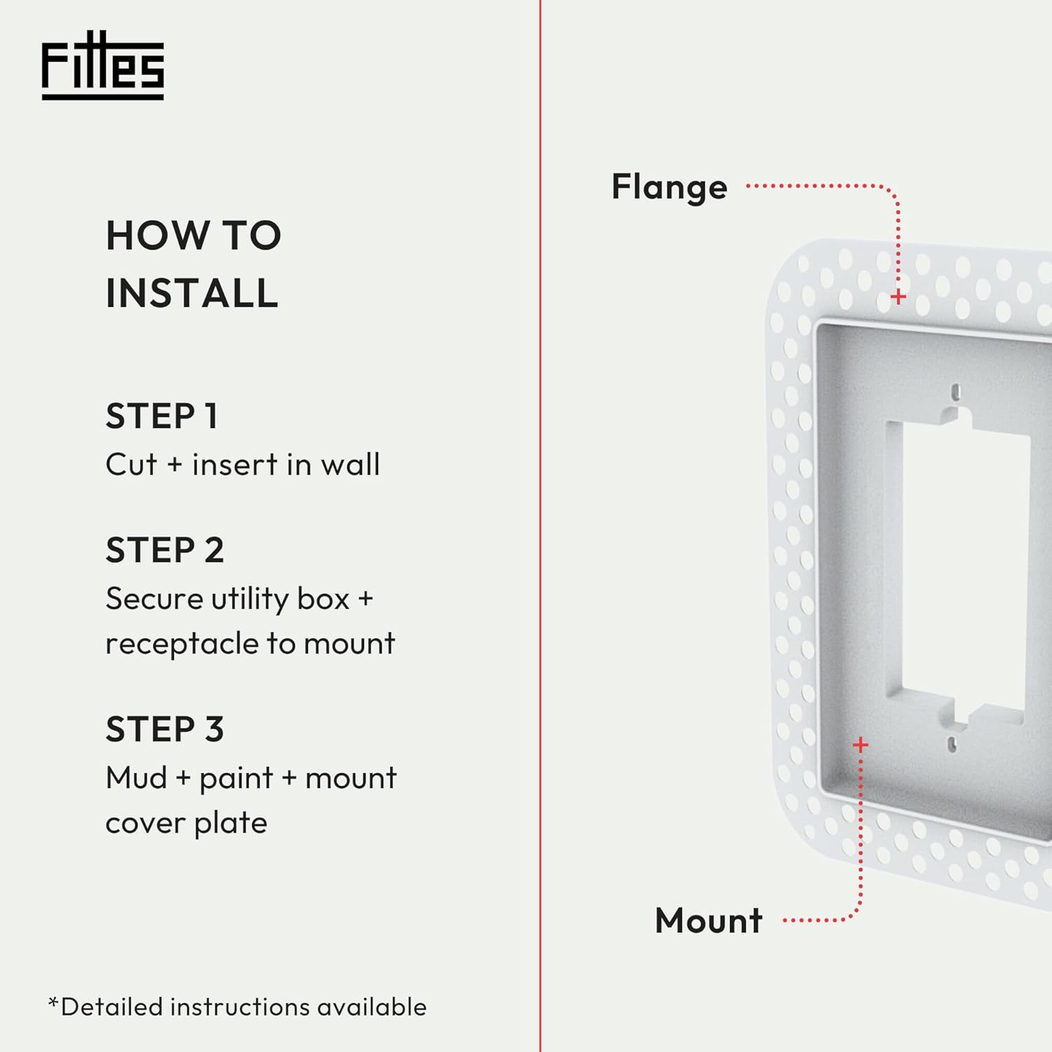 Fittes Modern Flush Wall Outlet Switch Receptacle Mount, 2 Gang, Customizable, ABS Lite, White, 5 Pack