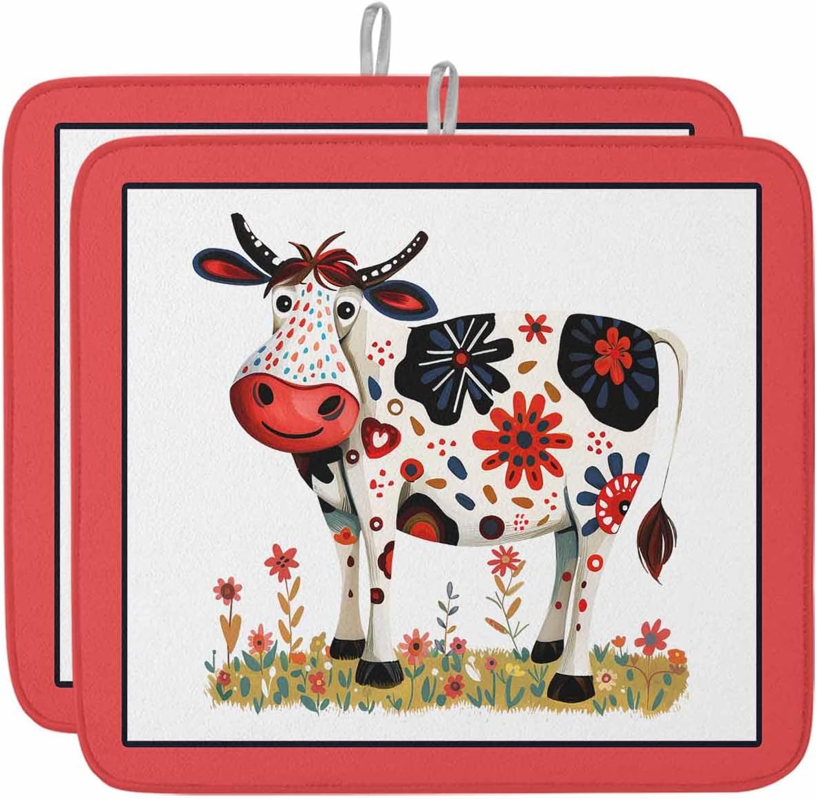 Dish Drying Mat for Kitchen, Flowers Cow Cartoon Floral and Red Border Absorbent Dish Drying Pad, Kitchen Counter Mat for Dishes Utensils Camping, 18"x24"(2 Pcs)