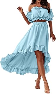 Top de Manga Acampanada con Cintura Sexy y Cuello línea de Color Liso para Mujer con Falda Larga Mujer De Niña Azul (BU1, XL)