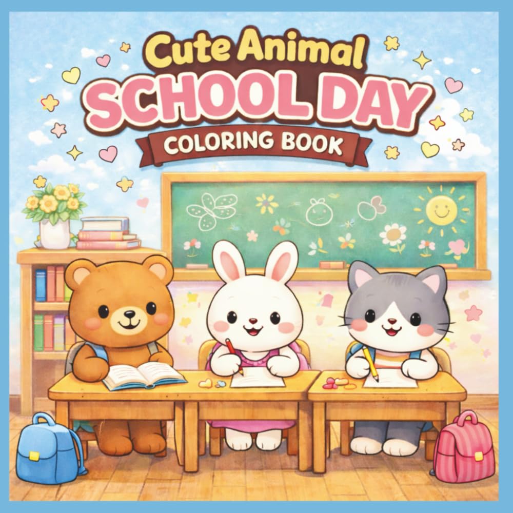 Cute Animal School Day Coloring Book: Fun School-Themed Coloring Pages for Kids Ages 3–5