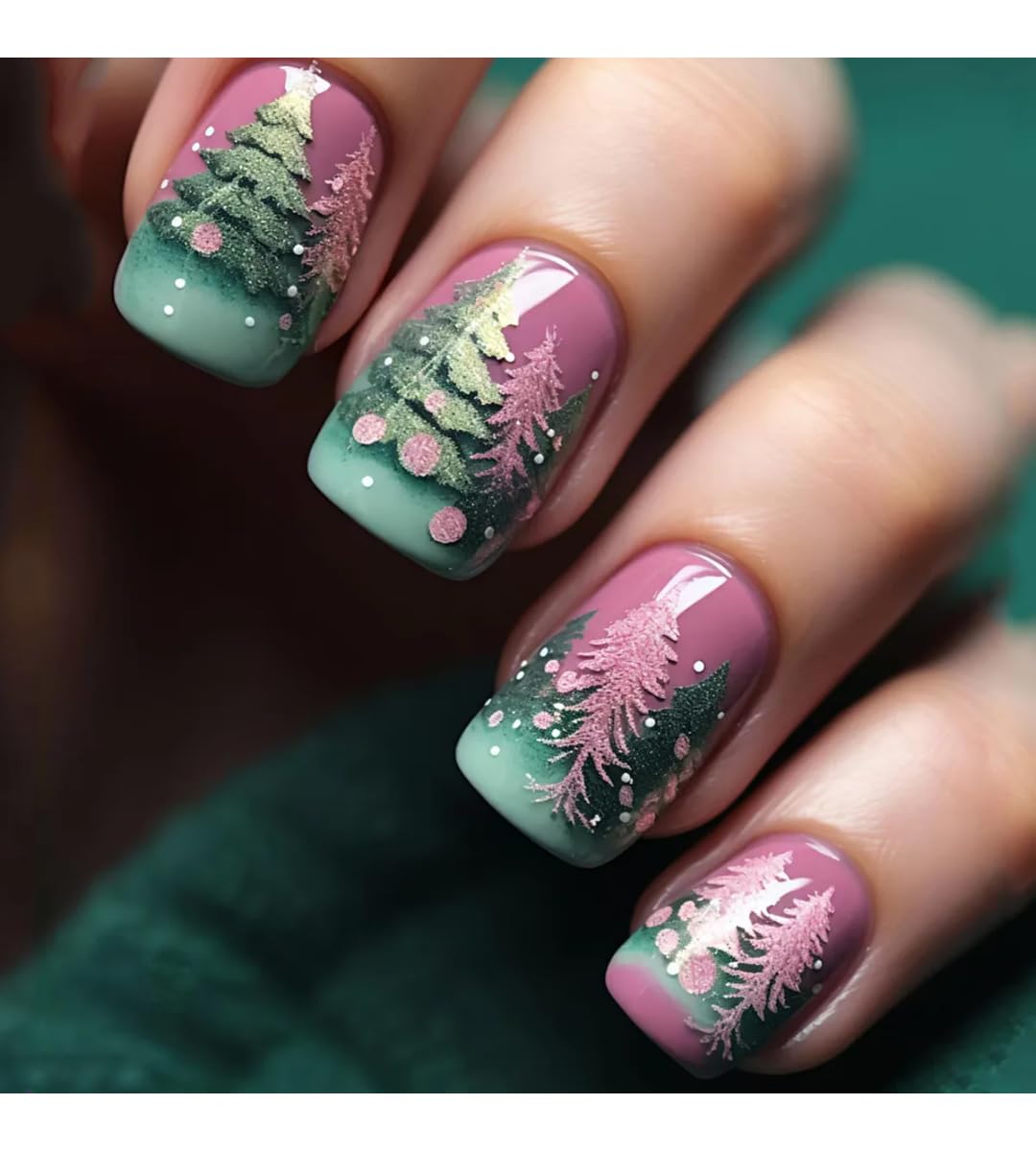 Medium long fake nails for party Square almond tips christmas tree snowflake gift snowman press on false nail art set (pink tree)