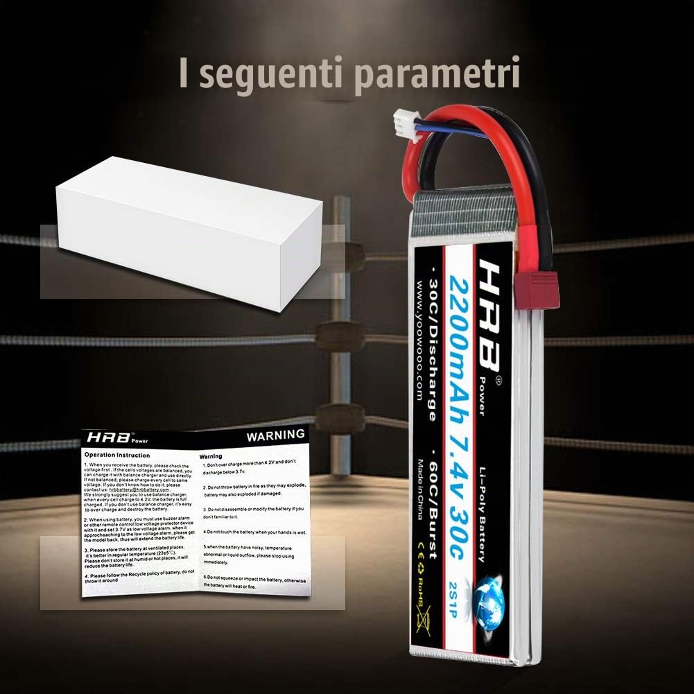 HRB 2PCS Batteria Lipo 2S 7.4V 2200mAh 30C con Deans T per RC elicottero aereo auto barca camion