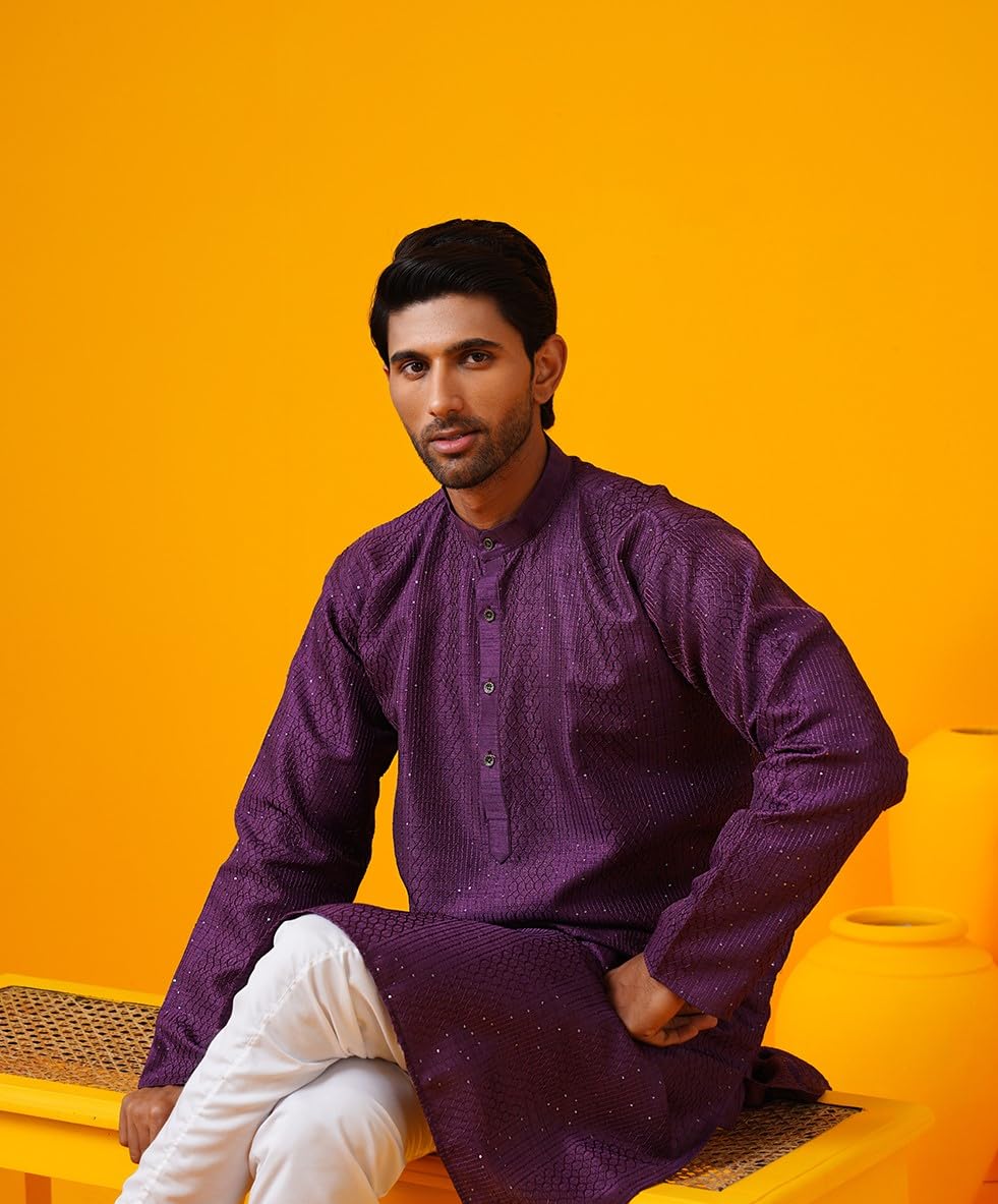 Sojanya (Since 1958 Men's Silk Bend Krochet Thread Embroidered Violet Long Kurta