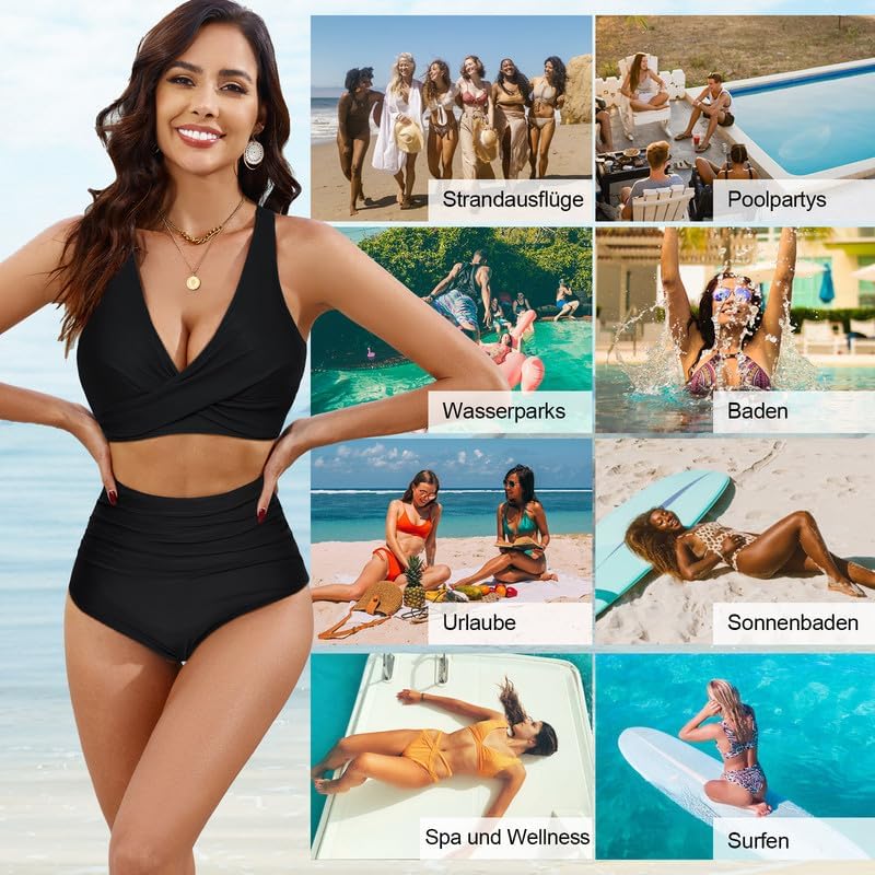 JASAMBAC Damski zestaw bikini, wyszczuplający brzuch, owijane górne części bikini i wysoki stan, miękka moda kąpielowa, regulowana odzież kąpielowa, wyszczuplający brzuch, wyściełane stroje plażowe