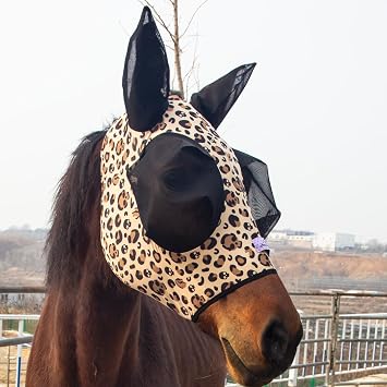 Stretchy Horse Fly Mask with Ears, Extra-Large Eyes & Mane Opening Soft, Breathable Fly Mask for Horses, Tangle-Free Design, Enhanced Visibility Leopard Print, Cob Medium