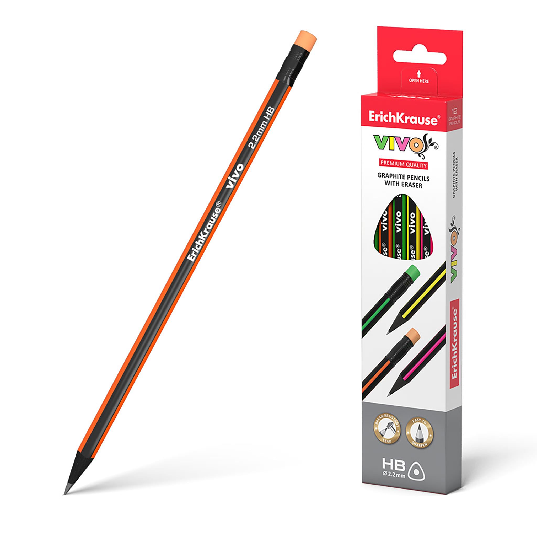 ErichKrause Lápices HB con goma de borrar triangular, 12 unidades, lápiz de grafito ergonómico para oficina, escuela y hobby