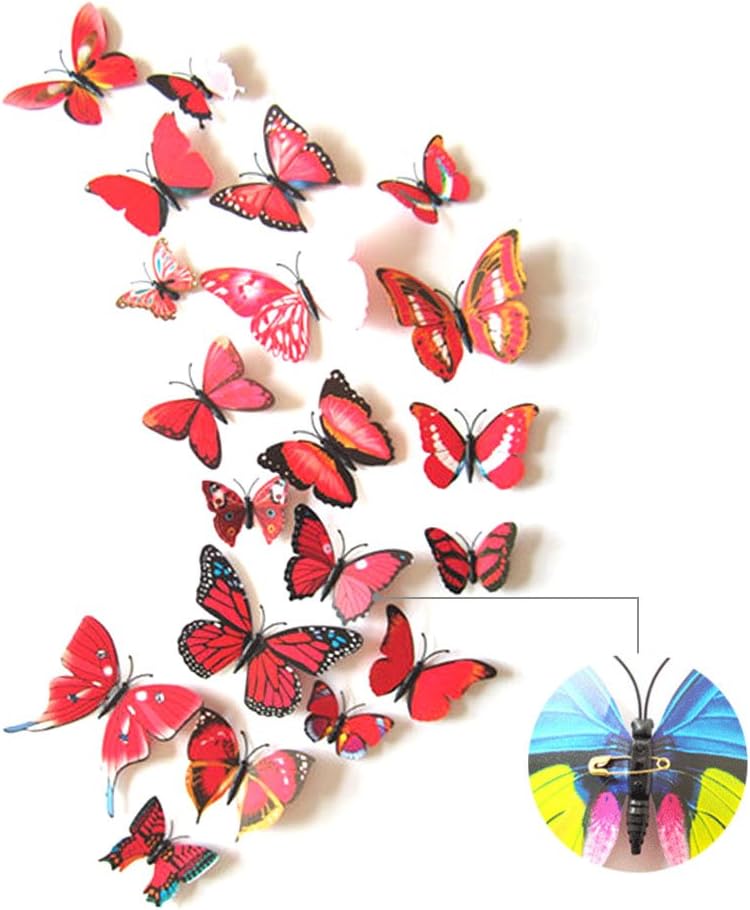 3D Butterfly Wall Sticker Crafts Butterflies with Magnetic、Sponge Gum and Pin Pack of 12 (Red-Pin)