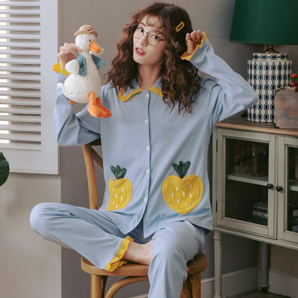 Conjunto De Pijamas De Mujer,Conjunto De Pijamas De Fresa Dulce Ropa De Dormir De Manga Larga De Algodón Top Con Botones Y Pantalones Pjs Cozy & Ropa De Dormir Suave Para El Otoño Invierno,Azul,M