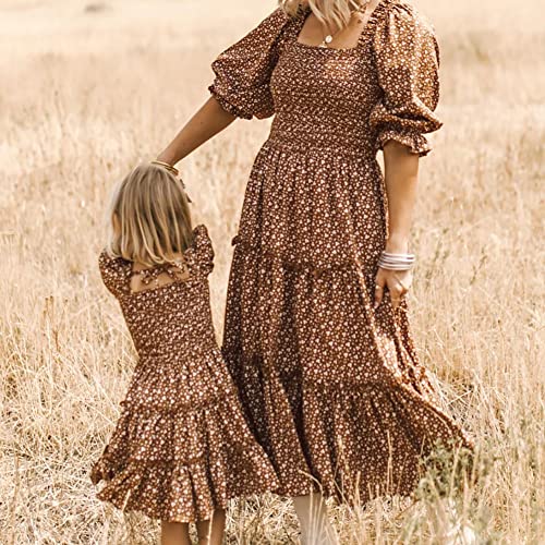 Mommy and Me Matching Dresses Floral Printed Ruffled Lantern Sleeves A-Line Long Dress Mom Daughter Matching Outfits2