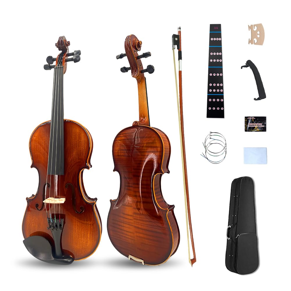 Vetimobato Violin 3/4 Full Size Set Violin for Beginners & Adults & Student & Kids Fiddle Kit with Case, Bow, Rosin, Shoulder Rest,Extra Strings,Bridge, Fingerboard Sticker(3/4 Violin Dark Brown)