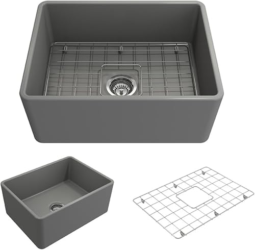 Miniatura 380 de BOCCHI Classico Farmhouse Delantal de arcilla refractaria delantera de 20 pulgadas. Fregadero de cocina de un solo tazón con rejilla inferior Café